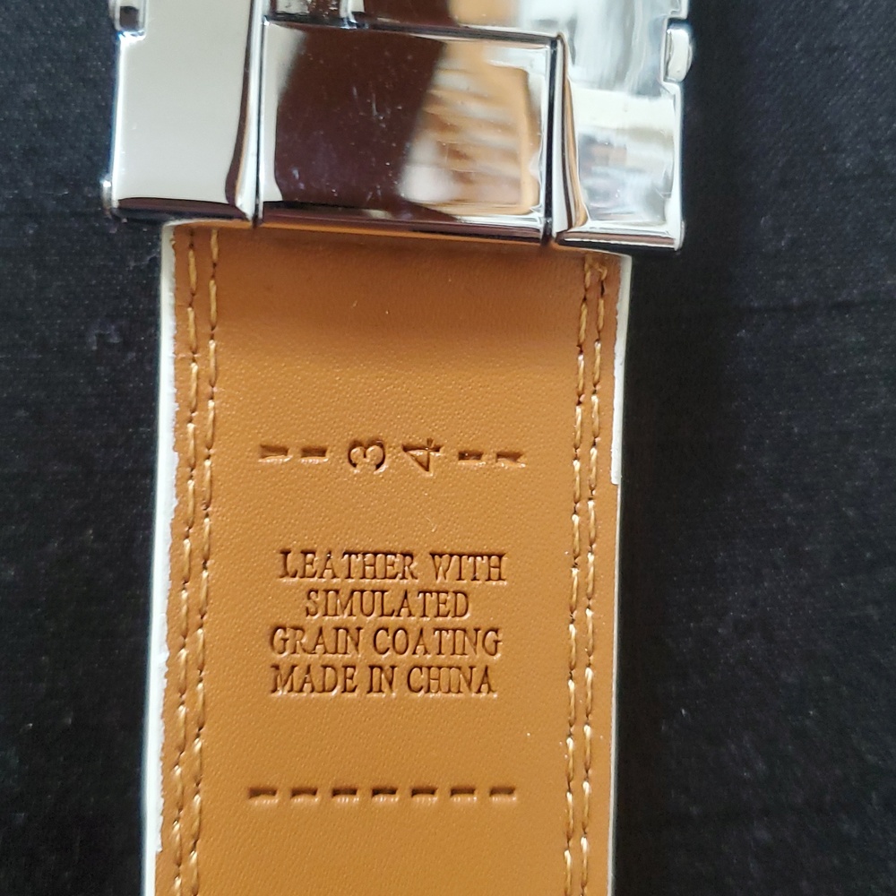 New White Leather men's Belt black/white/red buckle 34" W - Picture 3 of 5